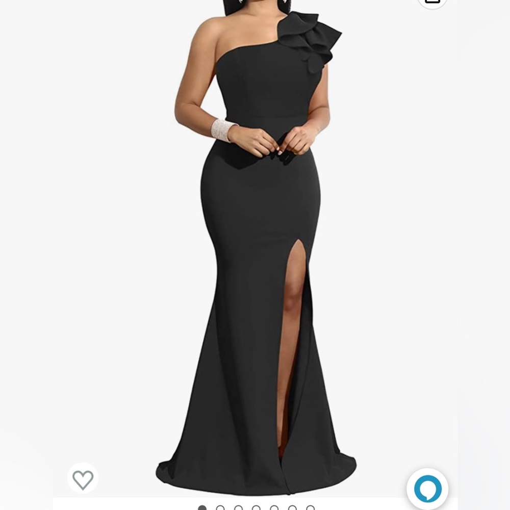 Black one shoulder formal dress. Has side zipper.